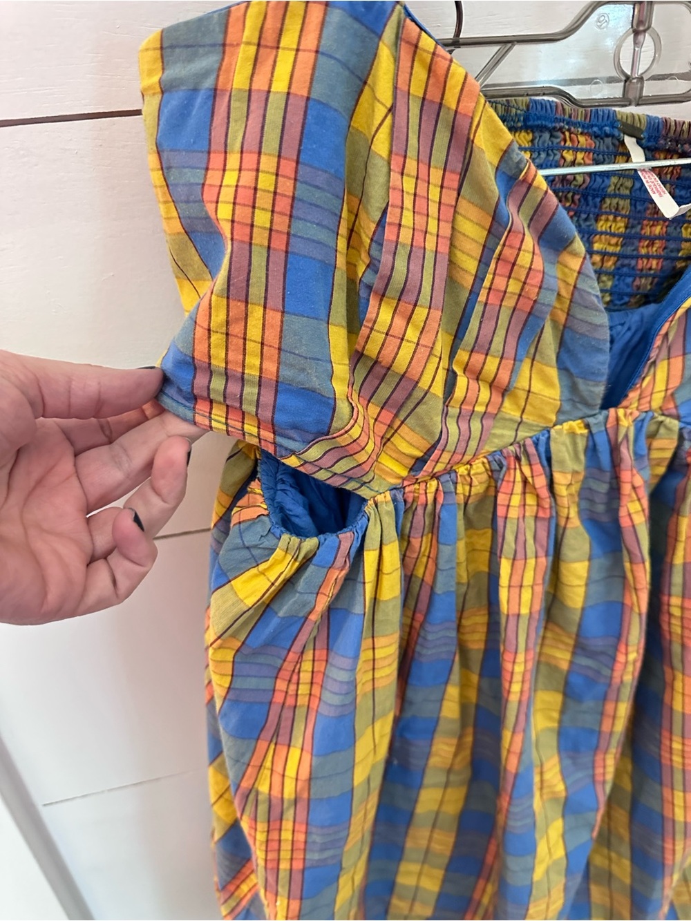 Free People M Bridget yellow-blue plaid open halter 100% cotton back mini dress - Picture 5 of 13